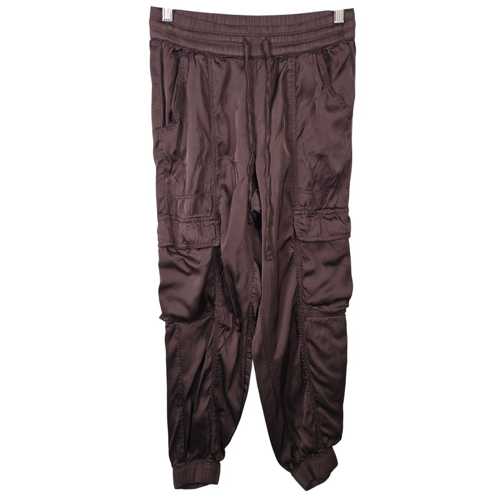 Aerie Womens Brown Viscose Satin Cargo Jogger Pants S Elastic Waist Drawstring